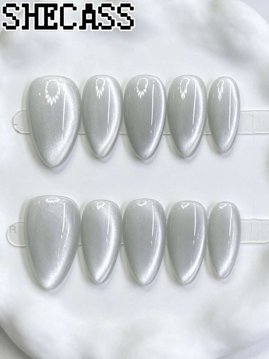Shecas 杏仁形奶油白珍珠貓眼穿戴甲,亮面閃耀珍珠米色假指甲,優雅中性色可重複使用美甲套組,適合日常配戴、婚禮、萬聖節、Cosplay、美甲派對、開學季、夏季畢業、Y2K 節日禮物 - 彩色 - 查看 1