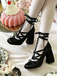 Ballet Mary Janes High Heels For Women Square Toe Satin Lace Up Ballerina Stiletto Heels With Bow Elegant Wedding Party Pump Heels For Women  - a黑色 - 查看 9
