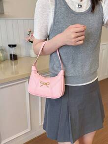 Sweet Metal Bow Underarm Bag, New Macaron Color Handbag/Shoulder Bag For Girls, Niche Minimalist Crescent Bag, Suitable For Daily Use - A - View 6