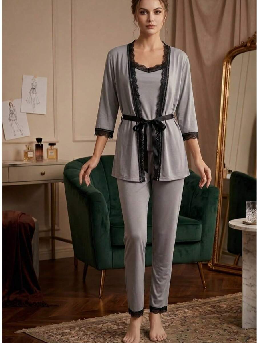 Women's Contrast Lace Drop Shoulder Long Sleeve Robe, Camisole And Pants Casual Pajama Set - Light Grey - View 1