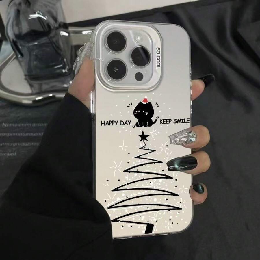 Christmas Tree Cat Phone Case For Apple 15Pro, 16Pro Max, Cute 14Pro, Christmas 13 - 彩銀殼-白色-聖誕貓 - 查看 1