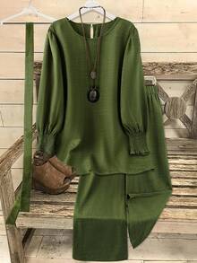 Linhara Conjunto de 2 piezas de mujer talla grande de unicolor, textura cómoda de algodón y lino, cuello redondo, manga larga, top y pantalones, minimalista y de moda, para primavera/otoño - Verde militar - Ver 1