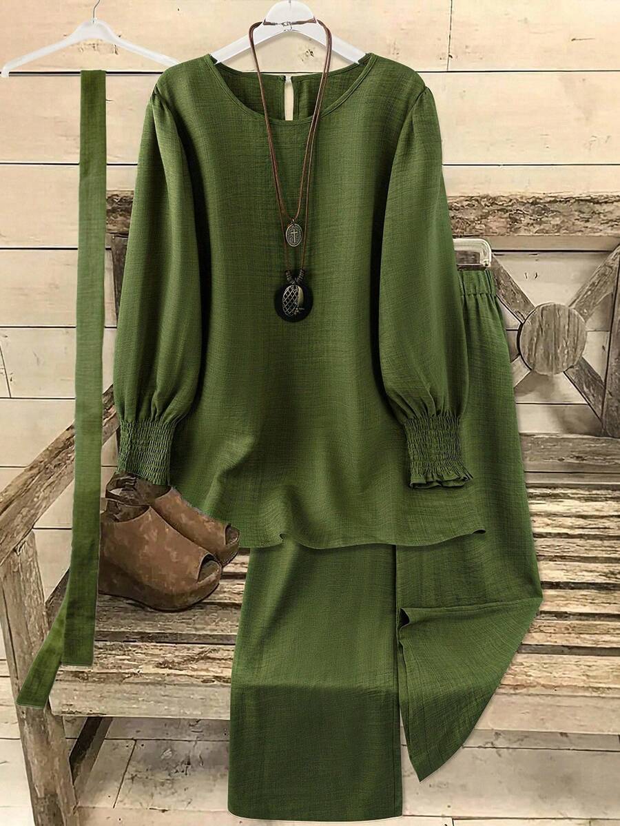 Linhara Conjunto de 2 piezas de mujer talla grande de unicolor, textura cómoda de algodón y lino, cuello redondo, manga larga, top y pantalones, minimalista y de moda, para primavera/otoño - Verde militar - Ver 1