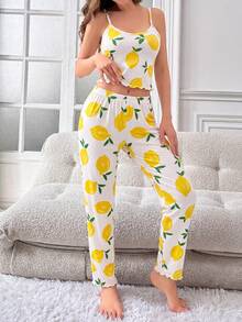 Lemon Print Cami Pajama Set Women's Summer Nightwear Sleeveless Strap Crop Top & Long Pants 2 Pieces Lounge Set Pyjamas For Ladies - Multicolor - View 4