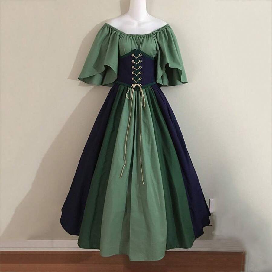 Medieval Retro Style Fitted Dress With Color Blocks, Ruffled Sleeves And A Wide Hem, Ideal For Cosplay And Stage Performances. - Dark Blue - View 1