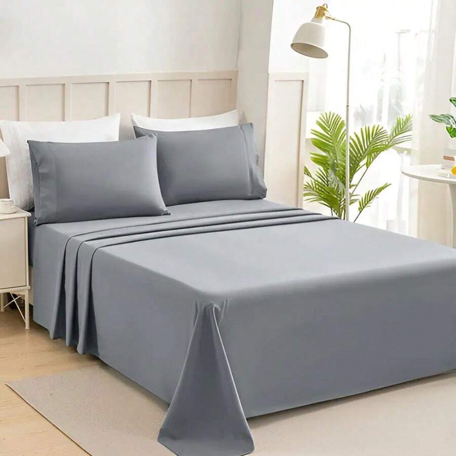 Impala Juego de cama 4 piezas - Juego de cama individual 4 piezas microfibra suave azul colores sólidos - sábana plana, ajustable y 2 fundas - Gris - Ver 1