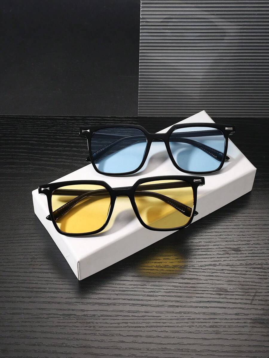 2 PCS Men's Classic Square Fashion Glasses Black Polycarbonate Frame Multicolor Lenses Casual Style Lightweight For Travel Outdoor With Glasses Box - Multicolor - View 1