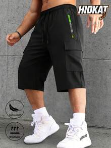 Hidkat Men's Summer Fashion Casual Sports Solid Color Cargo Capris With Drawstring Waist, Letter Zipper Pockets, Suitable For Outdoor Leisure, Sports, Daily Fashion Wear - Black - View 1