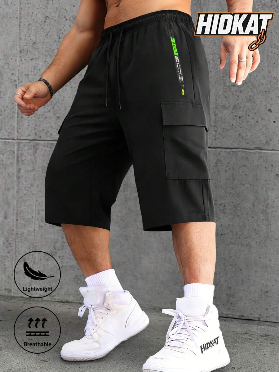 Hidkat Men's Summer Fashion Casual Sports Solid Color Cargo Capris With Drawstring Waist, Letter Zipper Pockets, Suitable For Outdoor Leisure, Sports, Daily Fashion Wear - Black - View 1