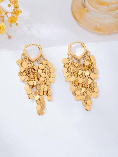 1 Pair Women's French Vintage Gold Sequins Long Tassel Huggie Hoop Drop Earrings, Jewelry For Daily Wear, Dates & Banquets, Face-Slimming Earrings
