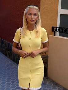 Women's New Spring/Summer Elegant Contrast Color Metal Button Dress, Paired With Graceful Ruffle Hem Blazer & Yellow Skirt Set For A Sophisticated Look. Features Front Button Closure Design, Suitable For Commuting, Daily Dates And Photo Shoots. - Yellow - View 5