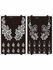 2pcs/Set Hana Hand-Drawn Hollow Tattoo Stencils, Floral Pattern Henna Tattoo - Sexy Floral Design, Suitable For Hands, DIY Painting, Ink, Reusable Mehndi Design Template Stickers,Formulated Without Henna - Black - View 5