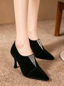 French Style Pointed Toe Matte Velvet High Heels Women 2026 Fashion New Black Velvet Rhinestone Pointed Toe Deep Cut Glamorous Commute Elegant Stiletto High Heels - Black - View 2