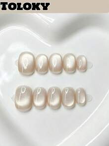 Toloky 短圓形裸色牛奶貓眼穿戴甲，極簡風假指甲，簡約溫柔啞光珍珠色 Coquette 手工可重複使用假指甲片，適合辦公室日常休閒美甲，返校季 Y2K 風格夏季指甲，日常旅行度假適用 - 彩色 - 查看 1