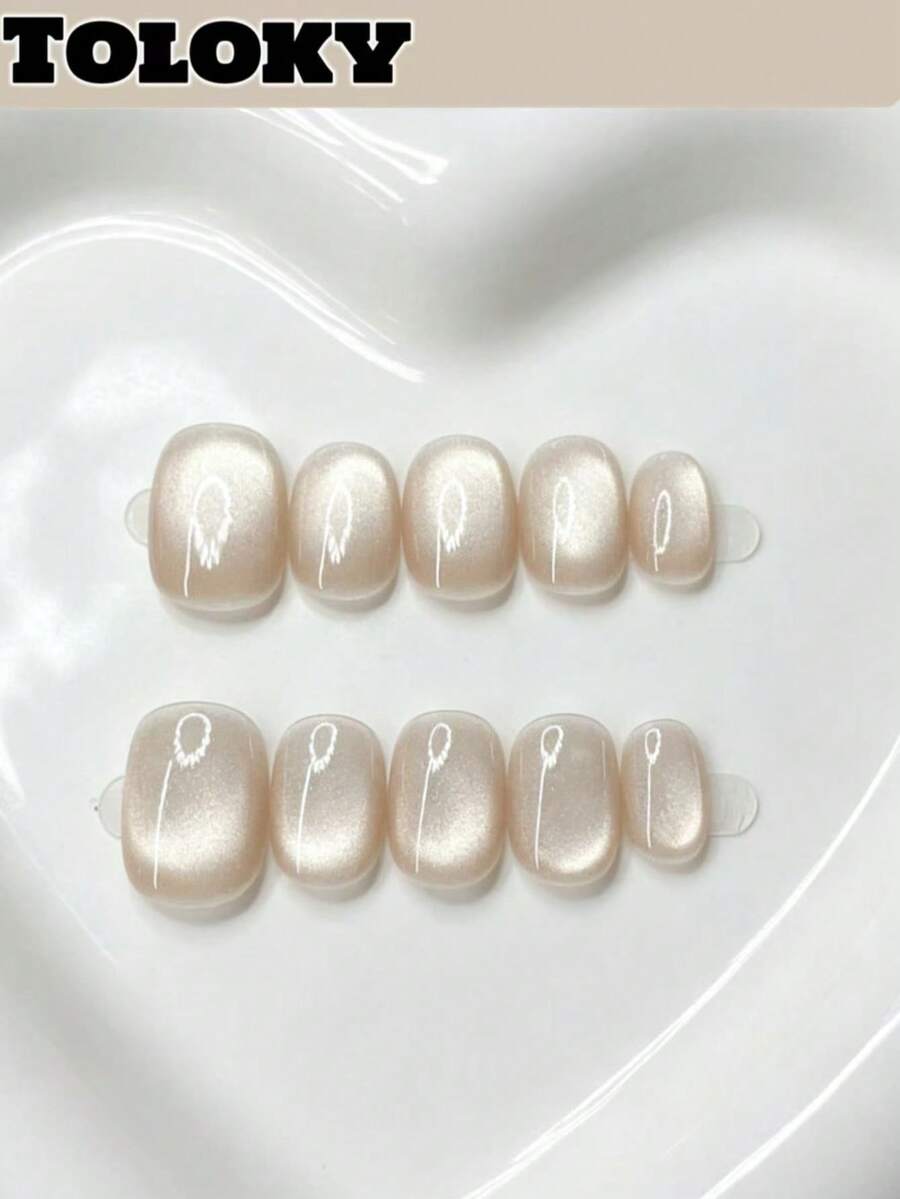 Toloky 短圓形裸色牛奶貓眼穿戴甲,極簡風假指甲,簡約溫柔啞光珍珠色 Coquette 手工可重複使用假指甲片,適合辦公室日常休閒美甲,返校季 Y2K 風格夏季指甲,日常旅行度假適用 - 彩色 - 查看 1