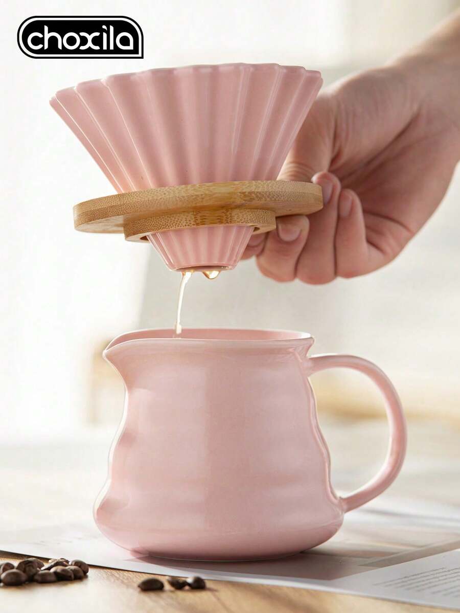 choxila 1 Set/2pcs Pink Coffee Pot Set 450ml Ceramic Pour-Over Coffee Pot With Pink Ceramic Filter - Pink Ceramic Two-piece Set - View 1