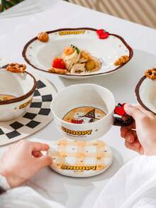 卡通女巫 Snoopy 浮雕陶瓷餐具，3D 蝴蝶餅與蘋果裝飾飯碗、深盤、雙把手托盤、咖啡杯、湯匙，分裝，9 種不同款式可選，居家廚房禮品餐具 - 彩色 - 查看 8