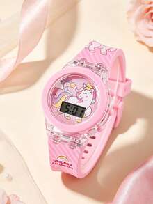 1/7pcs Cute Girls Silicone Watch Unicorn, Rainbow Horse Pattern LED And Five-Leaf Clover Jewelry - Pink - View 9
