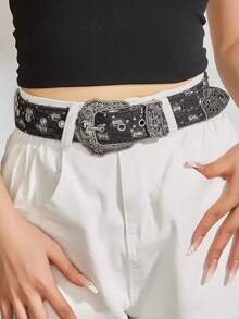 American Style Y2K Blue Denim Belt, Unisex Vintage Carved Design, Niche Aesthetic Versatile Waist Belt - Multicolor - View 7
