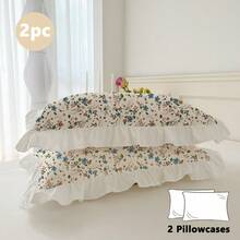 2 piezas/Set Par de fundas de almohada con borde de volantes estampadas, cómodas, transpirables, amigables con la piel, suaves y lavables a máquina, fundas de almohada estilo princesa con borde de volantes (relleno de almohada no incluido), simple y elegante, adecuado para dormitorio de estudiante, dormitorio, ropa de cama de hotel, todas las estaciones - Multicolor - Ver 3