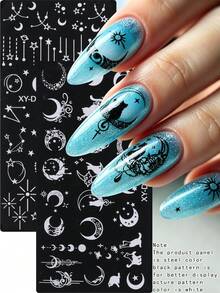 2件裝奇幻黑貓月亮美甲燙金板，太陽、月亮、星星與小貓不鏽鋼美甲模板，DIY美甲沙龍工具，適合女性與女孩美甲產品 - 銀色 - 查看 1