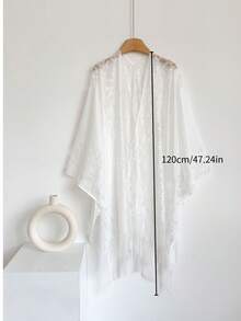 1pc Solid Color Elegant Polyester Women's Shawl, All-Season Sun Protection Long Cape Lace Cardigan - White - View 2