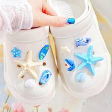 10pcs/Set Vacation Style Blue Series Starfish Shell, Surf Sailboat Shoe Charms, Suitable For Beach Shoes, Sandals, Clogs, Slippers, Perfect Birthday Party Gift, Vacation Gift - Multicolor - View 3