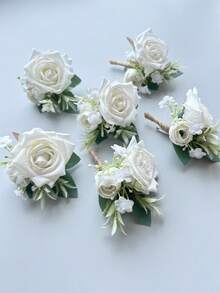 1 pieza/6 piezas Flor de rosa de marfil artificial, prendedor de novio, corsage para hombre, hermano, graduado, pin para traje, boda, flores DIY, decoración de fiesta - Blanco lechoso - Ver 7
