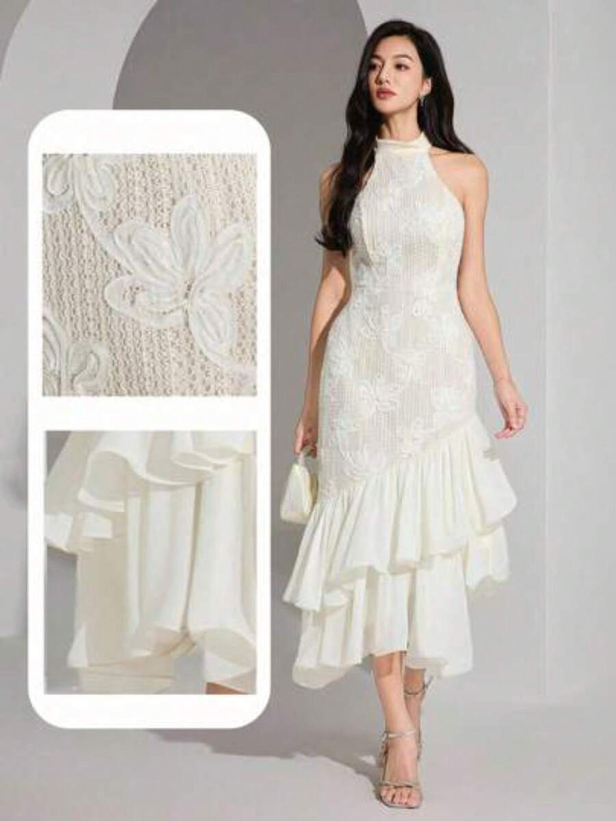 Vestido midi elegante de mujer con cuello halter, bajo con volantes y patchwork de jacquard - Albaricoque - Ver 1