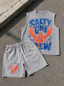 Summer Für Herren, Lockeres Baumwolle Tanktop und Shorts Set Mit Front Krebs Und "Salty Line Crew" Grafikdruck, Mehrere Farben Verfügbar, Casual Top Für Strandurlaub Und Alltag Outfit - Grau - Übersicht 2