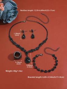 4pcs Dark Gothic Style Gunmetal Alloy Black Crystal Floral Water Drop V-Shaped Jewelry Set, Women's Black Dress Accessories, Jewelry For Women, Women's Necklace, Women's Bracelet, Women's Earrings, Women's Ring, Women's Accessories, Women's Jewelry Set, Summer - Multicolor - View 2
