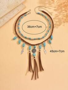 2pcs/Set Vintage Western Cowboy Style Versatile Turquoise Beaded Collarbone Chain Fashion Personalized Handmade Turquoise Tassel Necklace Women's Neck Jewelry Suitable For Daily Wear And Travel - Multicolor - View 4