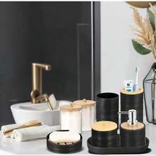 10 Piece Bamboo Covered Bathroom Accessory Set, Including Toilet Brush, Trash Can, Soap Pan, Soap Dispenser, Roller, Toothbrush Holder, Cotton Swab Box, Tray, Hotel, Bathroom, Family And Friends Gifts, Home Gifts, Bathroom Accessories - Multicolor - View 4