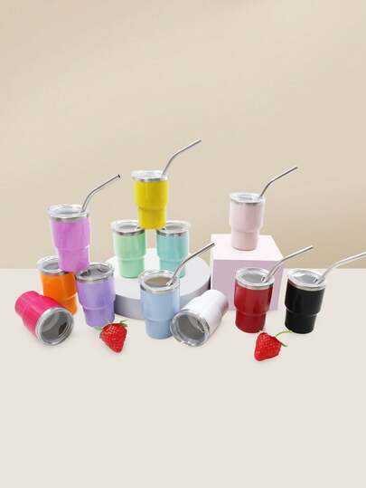 6PCS,3oz Mini Cup With Straw, 304 Liner PP Shell Non-Insulated Small Drinking Tumbler