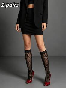 1/2/3 Pairs Women's Lace Floral Calf Socks, Hollow Flower Fishnet Knee-High Mid-Calf Socks, Vintage Sheer Mesh Long Socks, Soft High-Elastic Leg-Shaping Socks, Pair With Shiny Pointed-Toe High Heels, Suitable For Dating, Nightclubs, Parties, Daily Street Wear - Black - View 10