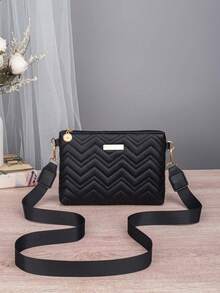 Bolso de mujer de moda con pespunte, bolso bandolera, embrague, bolso sobre, decoración metálica rectangular, para uso diario - Negro - Ver 3