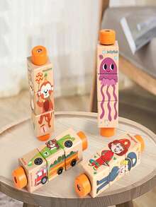 1 Set Rotating Puzzle Wooden 3D Interlocking Blocks, Ocean Animals & Transportation, Early Education Hand-Eye Coordination Educational Assembly Toy For Kids - Multicolor - View 4