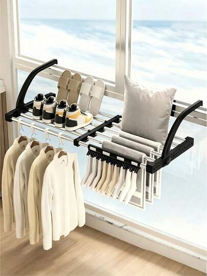 1pc Folding Balcony Clothes Rack With Sock Clips - Retractable Design For Space Saving, Metal Drying Rack, Suitable For Railings, Radiators, Windows And Balconies, Adjustable Clothes Hanger For Both Indoor And Outdoor Use