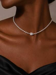 outingfit 1pc Minimalist Square Geometric Chain Necklace, Suitable For Women's Daily Wear Accessory - Silver - View 1