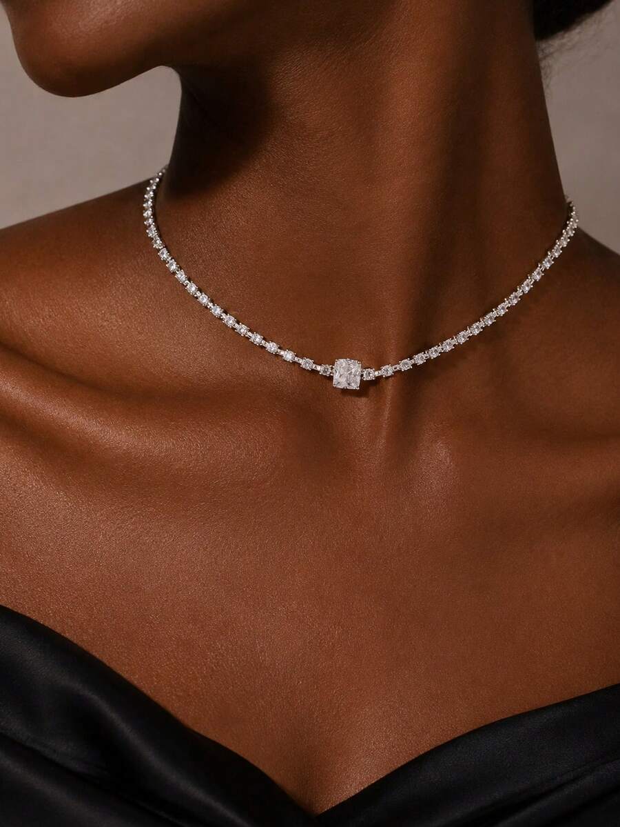 outingfit 1pc Minimalist Square Geometric Chain Necklace, Suitable For Women's Daily Wear Accessory - Silver - View 1