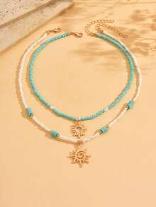 piezas de collar con colgante de concha y cuentas de colores estilo bohemio, collar de doble capa para niñas, ideal para vacaciones en la playa, colocacióde cuentas en colores aleatorios - Azul y blanco - Ver 7