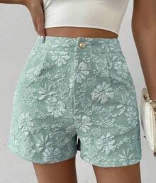 Nuevos shorts de mujer de verano, elegantes, de talle alto y pierna recta, con textura jacquard. - Negro - Ver 7