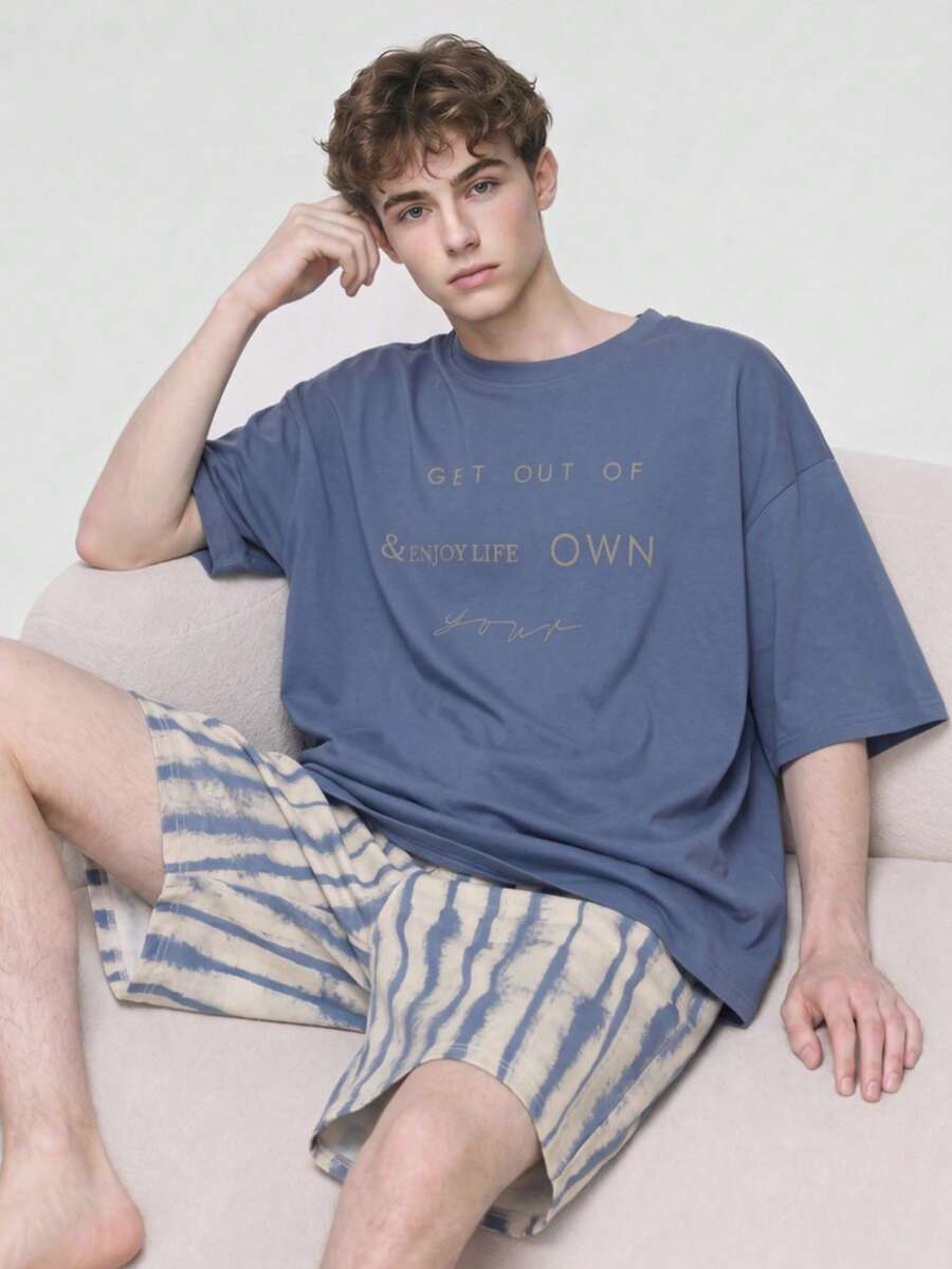 Setelan Pakaian Santai Pria Gaya Korea INS Kasual Dasar dengan Motif Huruf, Kancing, Kerah Bulat, Lengan Pendek - Celana Pendek Bergaris, 2 Potong, Cocok untuk Pakaian Luar Ruangan, Musim Semi/Panas - Dusty Blue - View 1