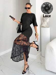 Vestido de mujer elegante y de moda con patchwork de encaje, tonos marrones para citas en otoño, vestidos para mujer de verano - Negro - Ver 2