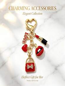 1pc Fashionable Red Keychain, Rhinestone-Encrusted Rhinoceros Pattern - Alloy Material, Paired With Letter Pendant And Heart Pendant, Perfect Back-To-School Gift For Her - Multicolor - View 2