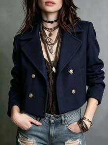 Stylish Ladies Cropped Pea Coat In Navy Woven Fabric, Featuring A Lapel Design And Golden Buttons, Great For Fall Outfits - Navy Blue - View 4
