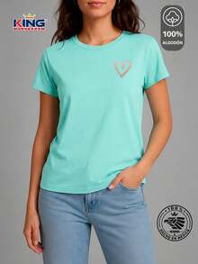 SHENDY VENDY Women's T-Shirt 100% Cotton, Short Sleeve, Round Neck, Soft And Comfortable T-Shirt, Minimalist Heart Print - 淺藍色 - 查看 1