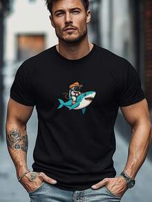 2026 Men's Clothing Plus Size Men's T-Shirt, Relaxed Casual Short Sleeve Crew Neck T-Shirt With Astronaut Riding A Shark Print, Summer Casual Style - 黑色 - 查看 1