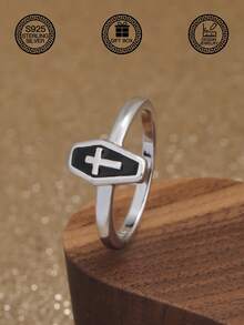 1pc S925 Sterling Silver Coffin Cross Ring, Dark Style Personalized Resin Inlaid Silver Ring, Punk Style, Suitable For Daily, Party, Bar Wear, Gift Box Included - Coffin Cross - View 4