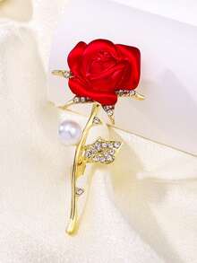 Broche decorativo de flor de rosa roja con strass - Rojo 2 - Ver 2